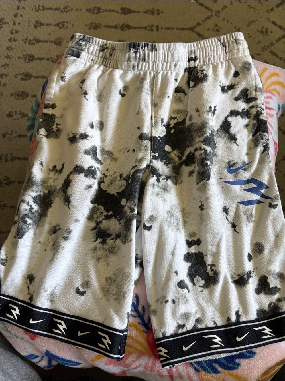Nike White & Black Tie-Dye Basketball Shorts with Blue Swoosh